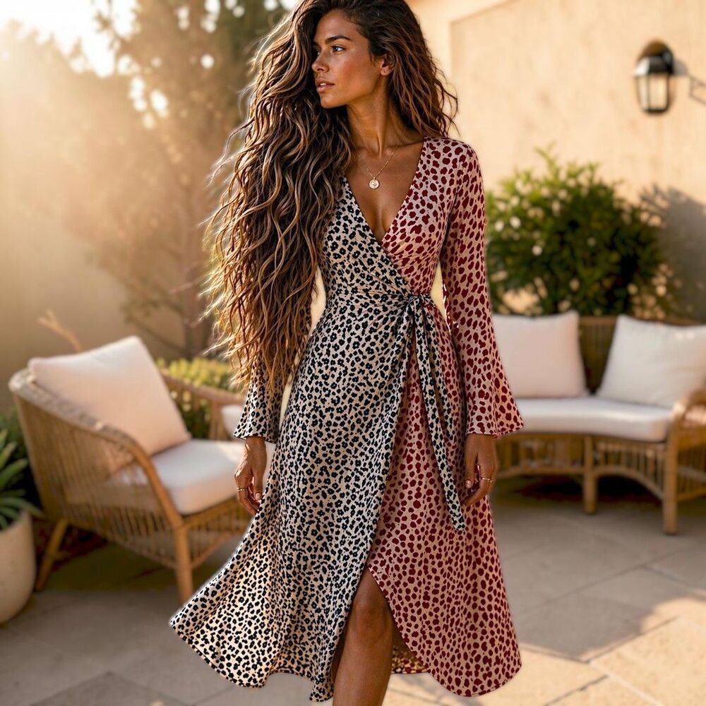 European Summer Wrap Midi Dress XS Mix Media Floral Polka Dot Boho Coastal Chic